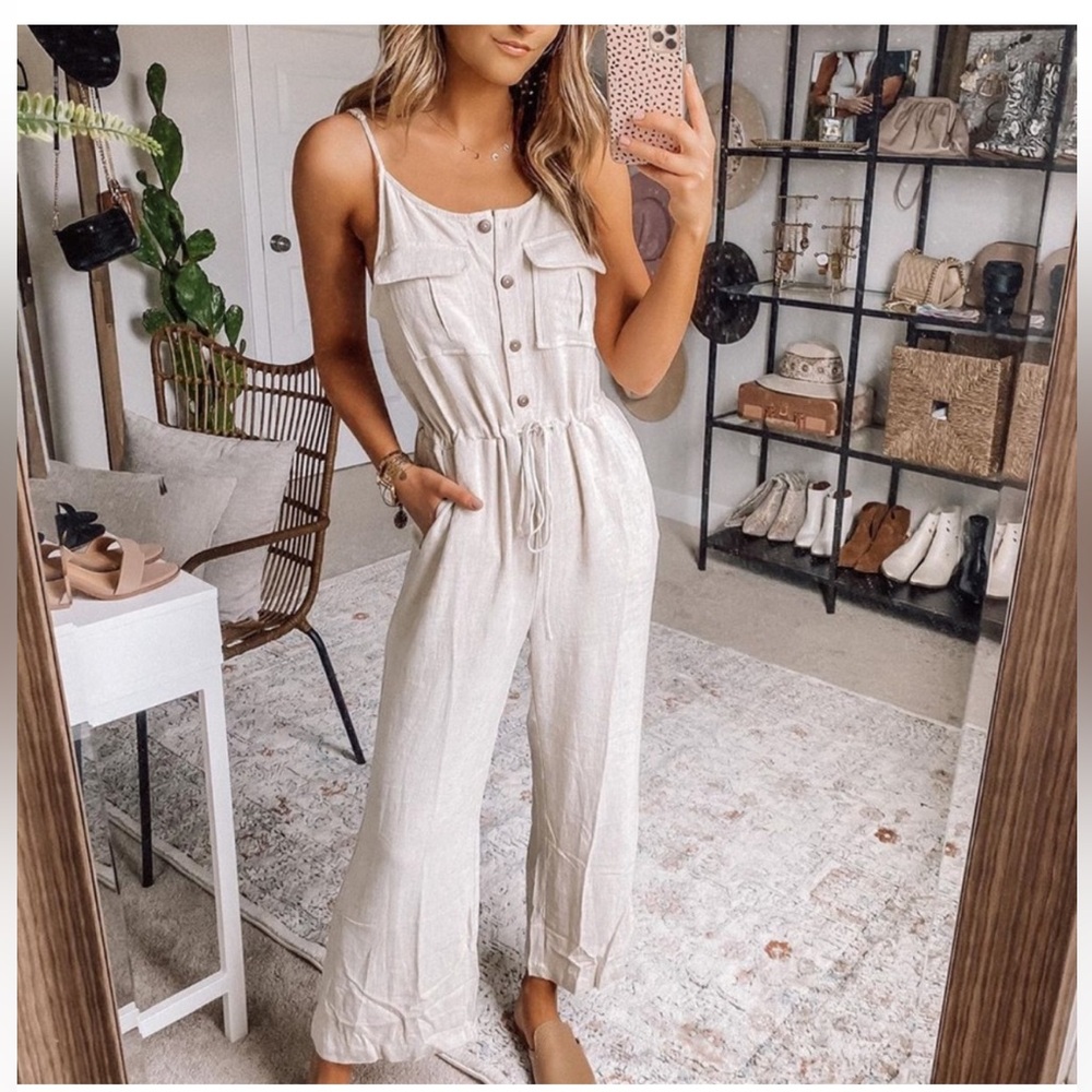 NWOT Promesa Linen Oatmeal Natural Light Beige Jumpsuit Tank Buttons - Picture 5 of 15